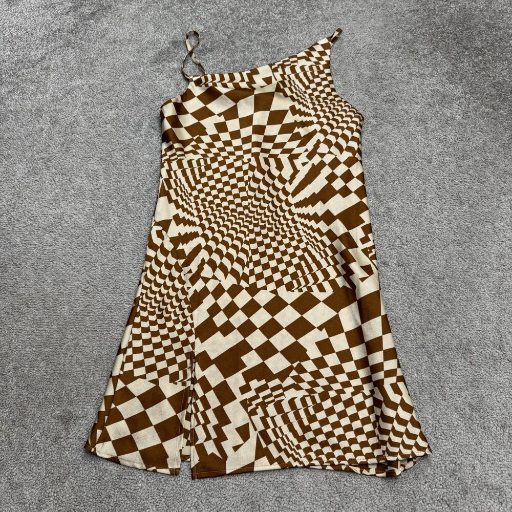 Topshop Geo Check Asymmetric Slip Dress Women US 2 Brown Tan Optical Illusion